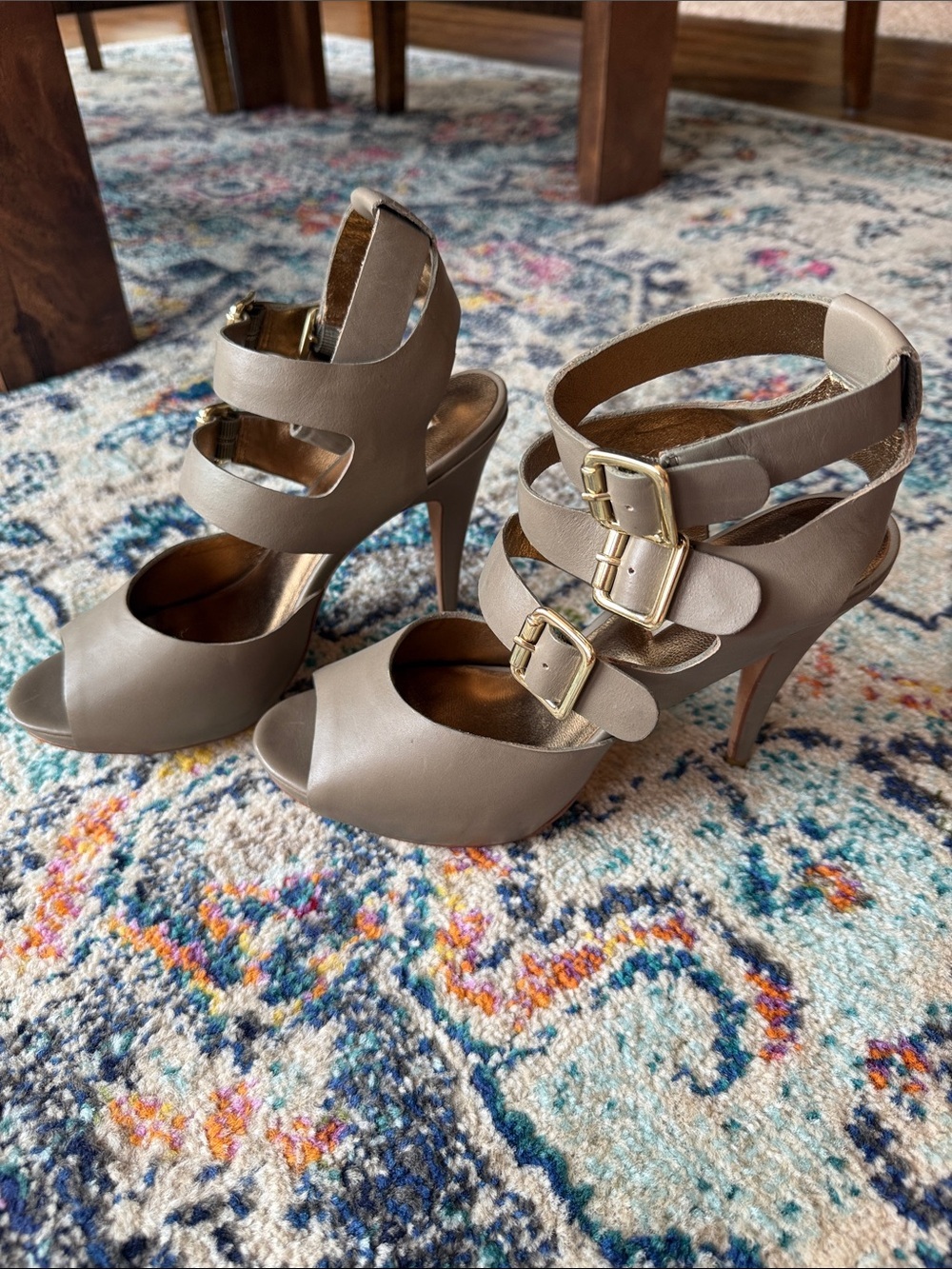 CYNTHIA VINCENT Adele Strappy Stiletto Heel Sandals Triple Buckle Peep-Toe